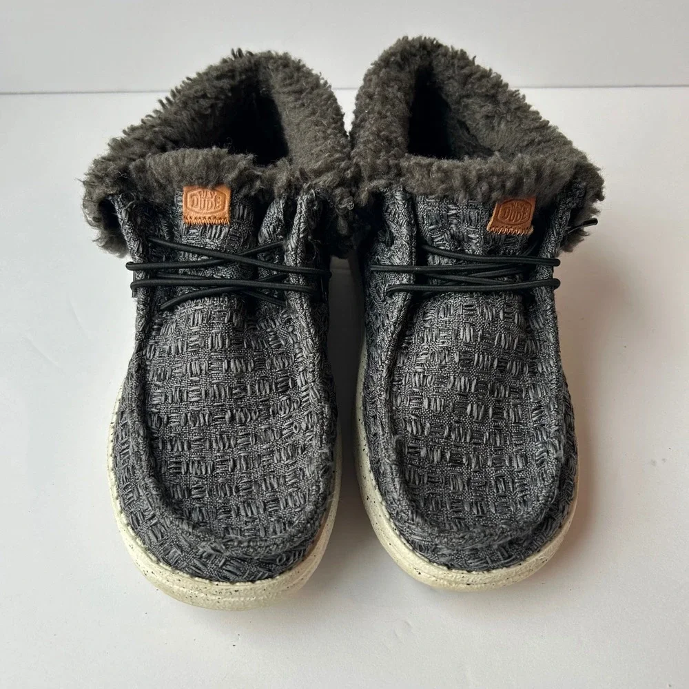 Hey Dude Wendy Fold Youth Stitch Cozy Shoes YT2 Black Gray Fleece Slip On Bootie